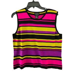 City Silk Striped Tank Top Womens P/L Pink Yellow Excellent Knit Sleeveless